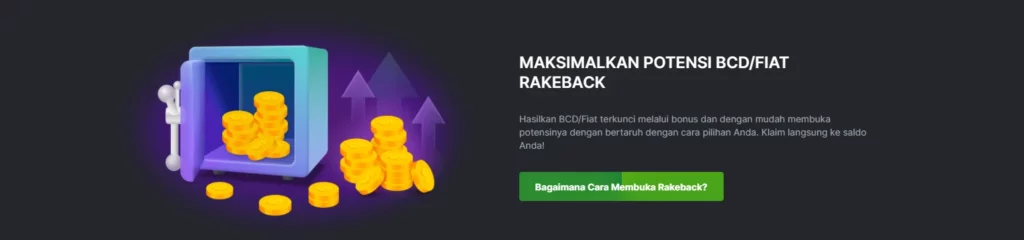 Representasi visual dari program Rakeback BC.Game, menawarkan pemain persentase dari taruhan mereka kembali sebagai bonus.