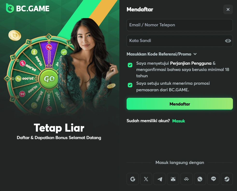 BC.Game mendaftar untuk sebuah akun